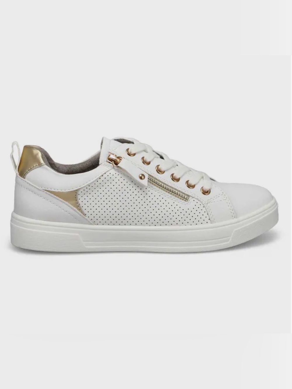 Steve Madden Brookee White Perforated Sneaker with Gold Accents - Size 8